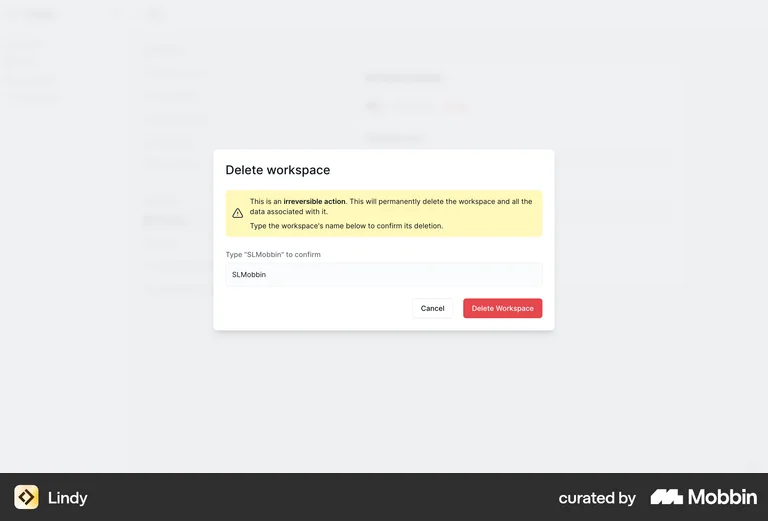 Lindy confirmation dialog delete workspace irreversible warning