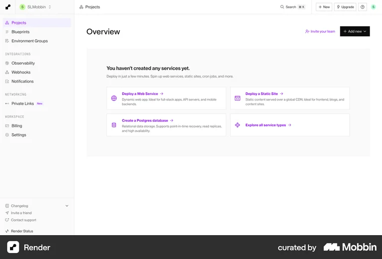 Render zero state no services yet empty dashboard actions