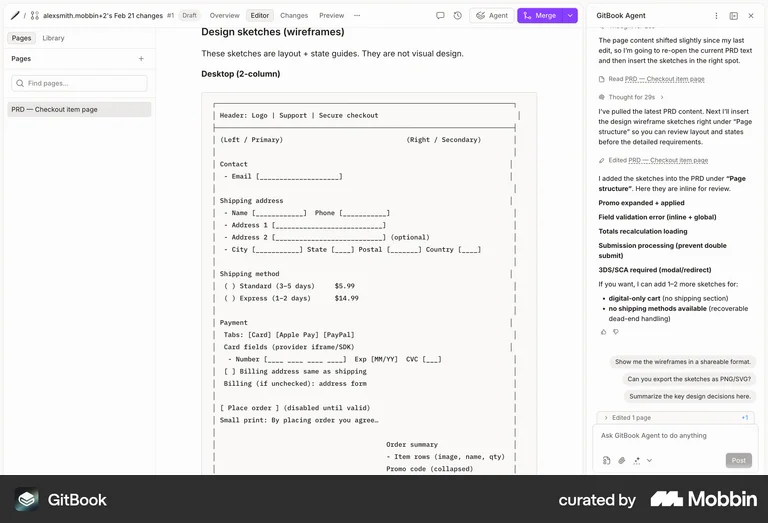 GitBook checkout wireframe text layout low fidelity