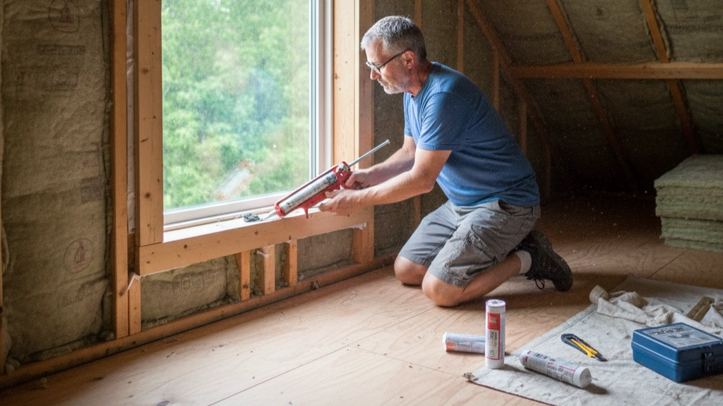 Applying Caulk in an Attic for Air Sealing