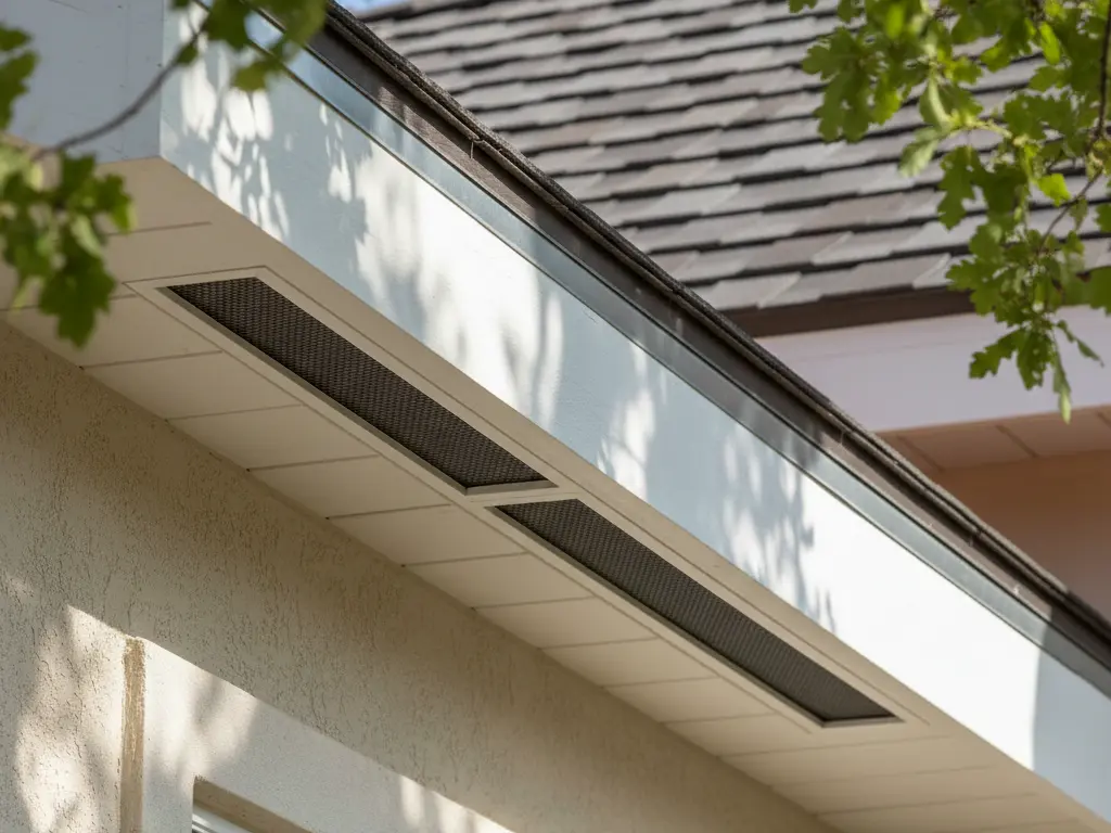Close-up of white rectangular soffit vents installed under the eaves of a house
