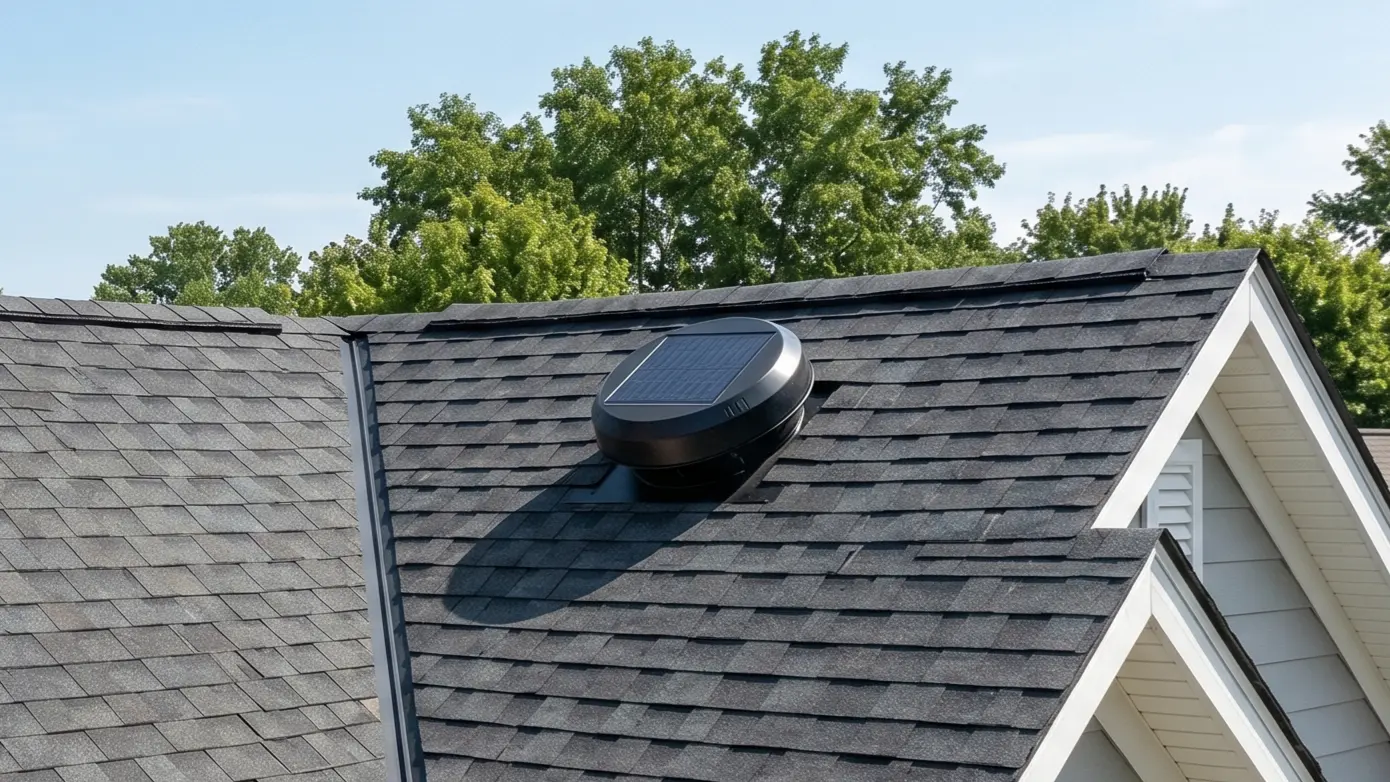 Solar attic fan installed on a suburban home roof