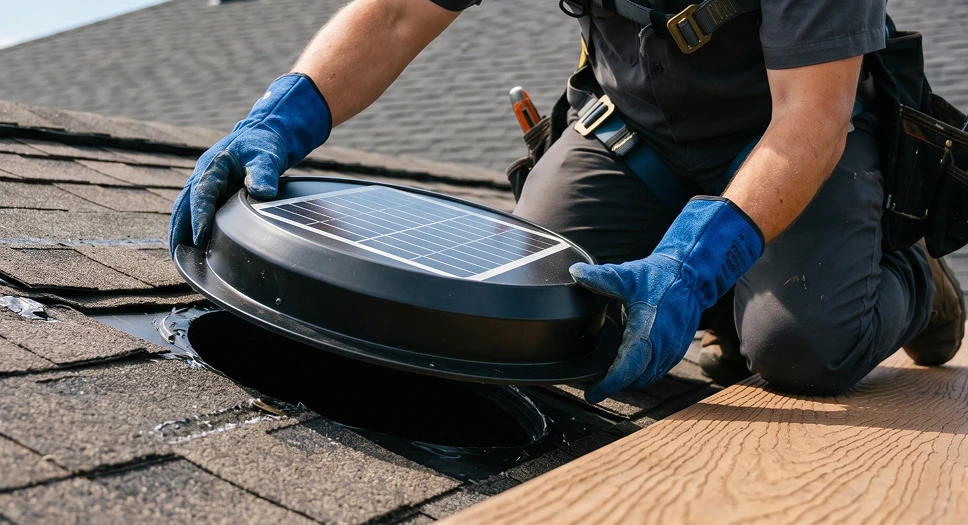 Technician installing a solar attic fan on an asphalt shingle roof