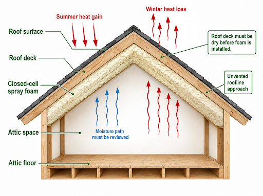 Diagram showing spray foam roofline insulation applied to the roof deck in an unvented attic assembly, with heat flow and moisture considerations.