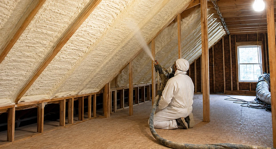 Technician applying spray foam insulation to an attic roofline to insulate the roof deck and improve air sealing.