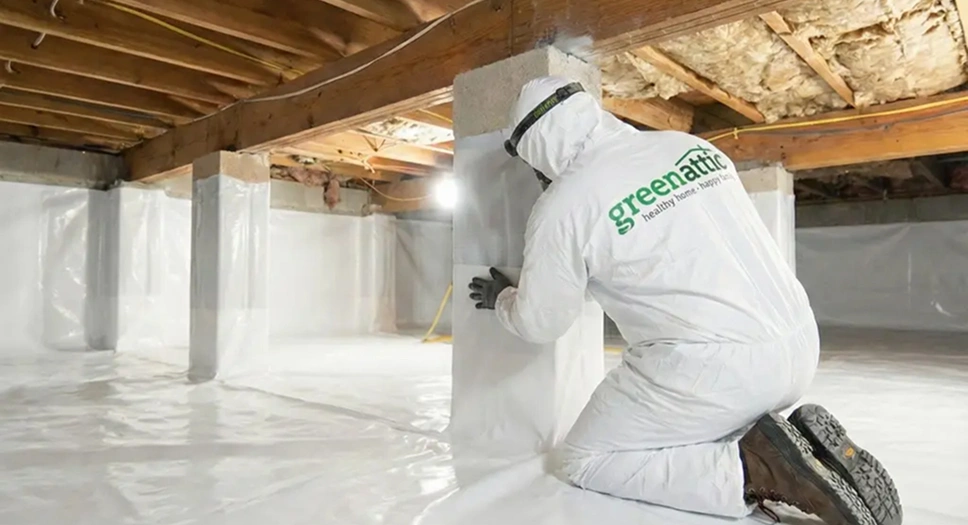 Technician sealing a vapor barrier around a support post in an encapsulated crawl space.