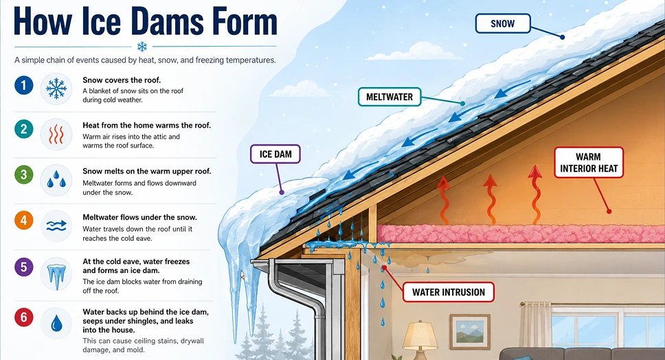 Diagram showing how ice dams form when roof snow melts, refreezes at the eave, and causes water intrusion