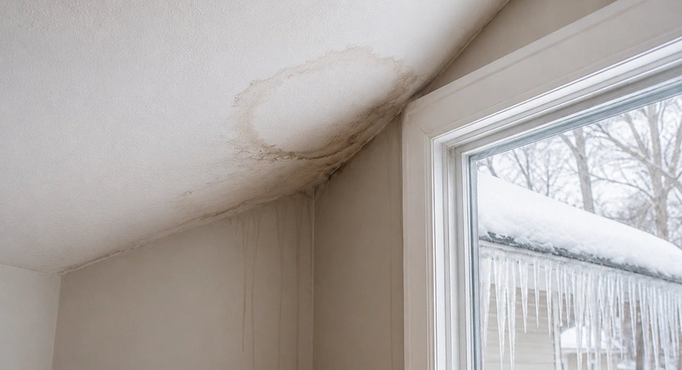 Water stains on an interior ceiling and wall near a window, showing roof leak damage from winter ice dams