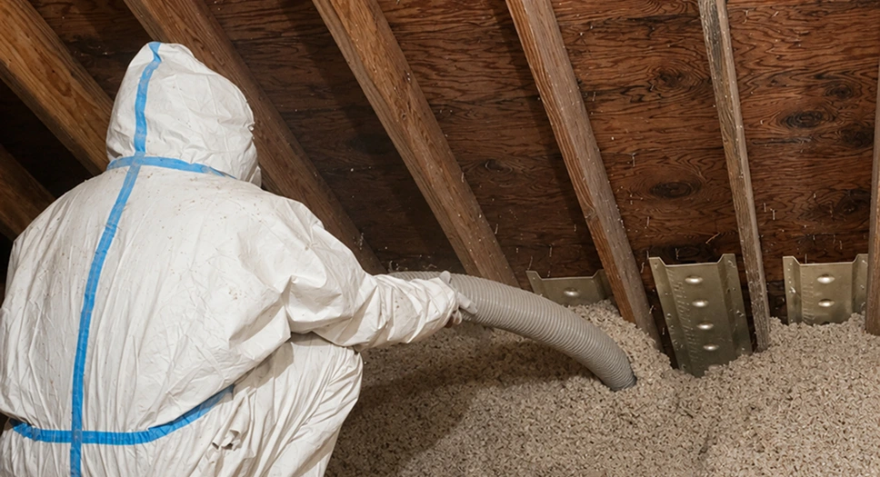 Contractor installing blown-in attic insulation with a hose, showing professional insulation work that helps reduce heat loss and prevent ice dams