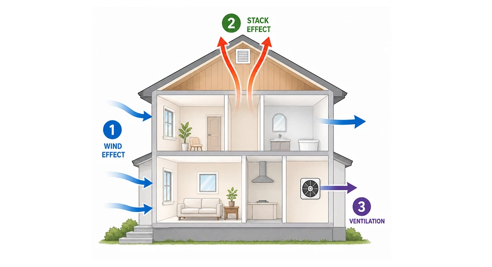 Simple diagram showing the three types of air movement in a home: wind effect, stack effect, and ventilation