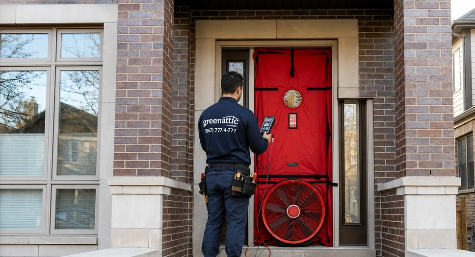 Green Attic technician performing a blower door test to measure air leakage at a home entrance