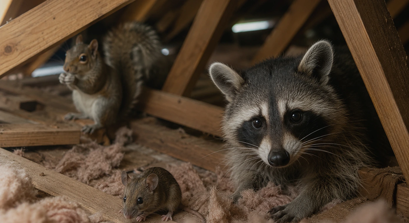 Raccoon, squirrel, and mouse inside an attic with damaged insulation
