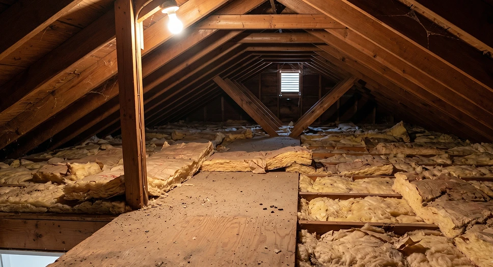 Old attic with damaged fiberglass insulation and exposed roof framing