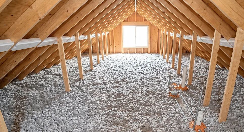 Clean attic with fresh blown-in cellulose insulation and roof baffles installed