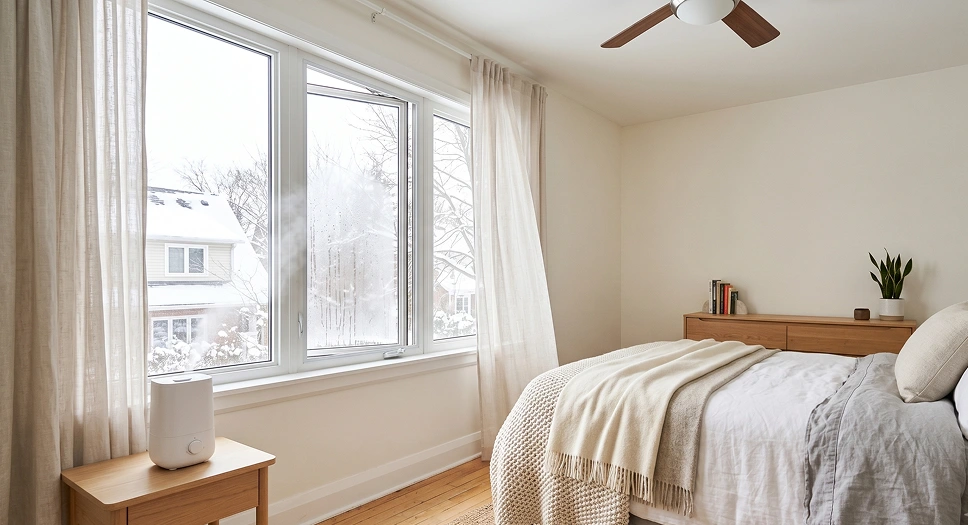 Bedroom window with condensation and a small humidifier nearby