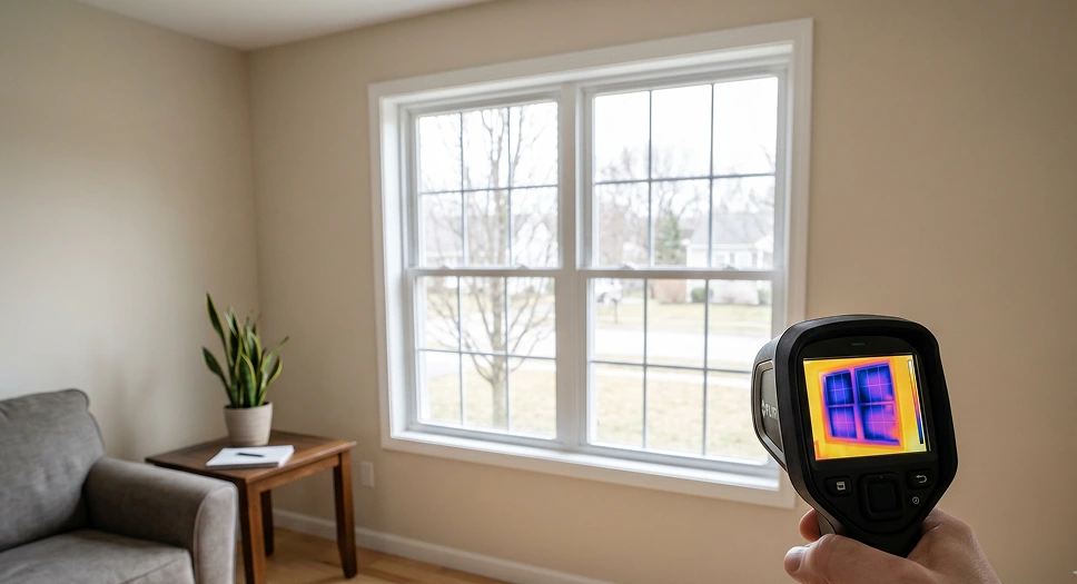 Thermal imaging camera inspecting heat loss around a home window