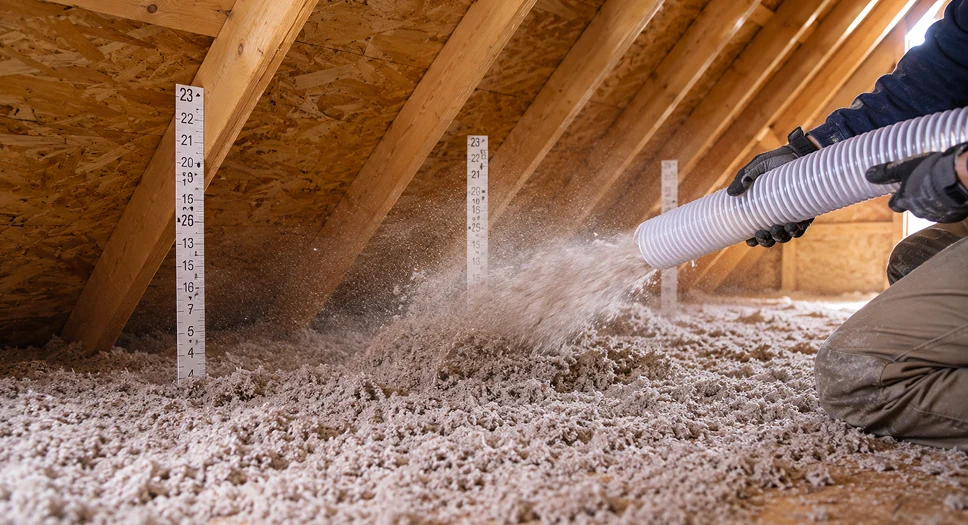 Technician installing blown-in attic insulation to reduce heat loss and improve home temperature balance.