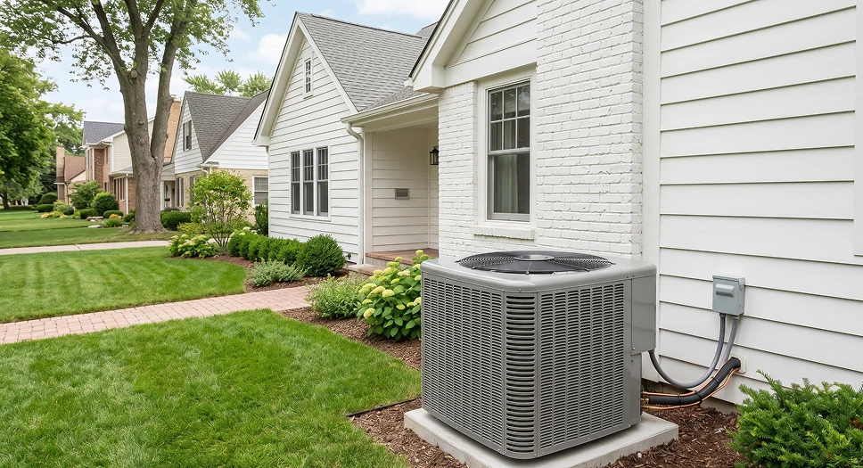Outdoor heat pump unit beside a home providing efficient heating and cooling for balanced indoor comfort.