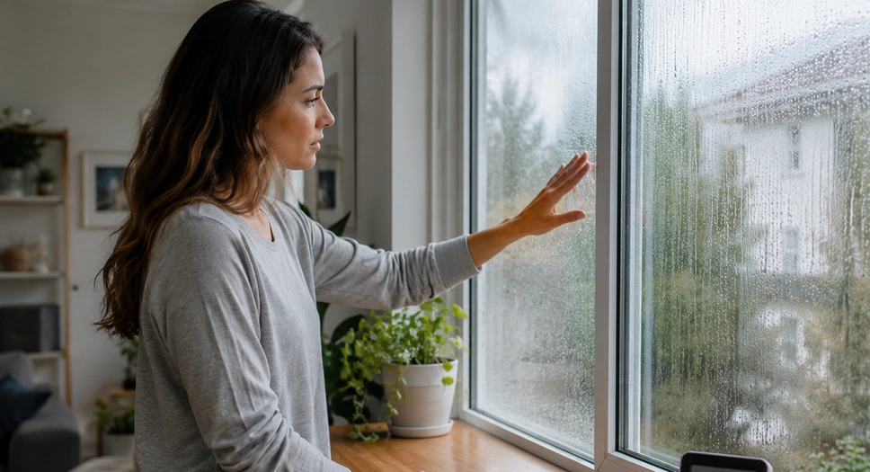 Homeowner checking condensation on a window with a humidity monitor nearby.