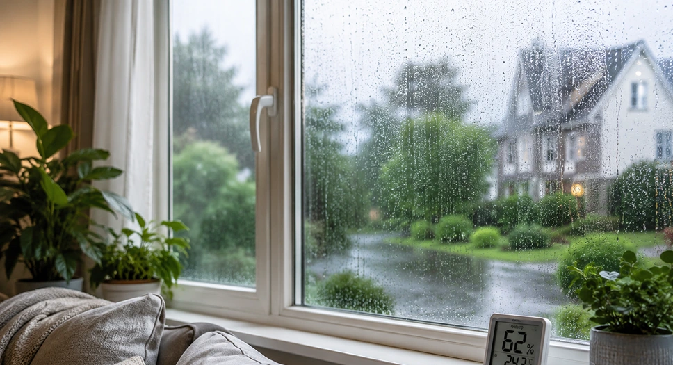 Rainy window with indoor humidity meter showing how outdoor climate affects home moisture levels.