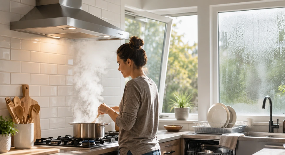 Steam rising from a cooking pot in a kitchen, showing how daily activities add moisture indoors.