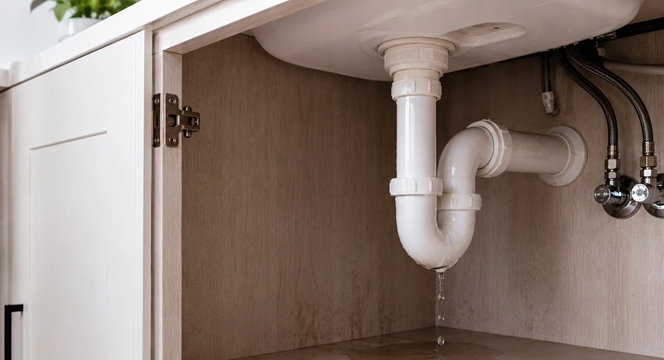 Slow leak under a sink creating moisture buildup inside a kitchen cabinet.