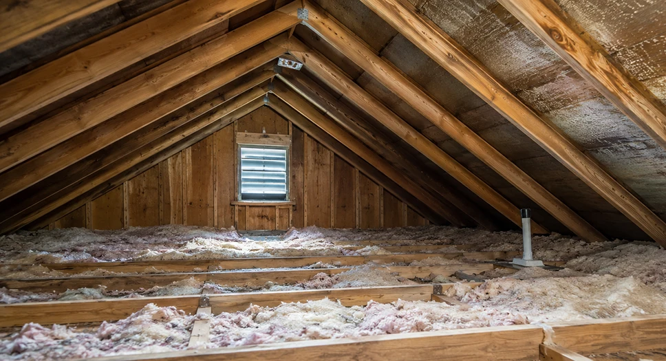 Poor attic insulation and exposed rafters showing areas where moisture and air can infiltrate.