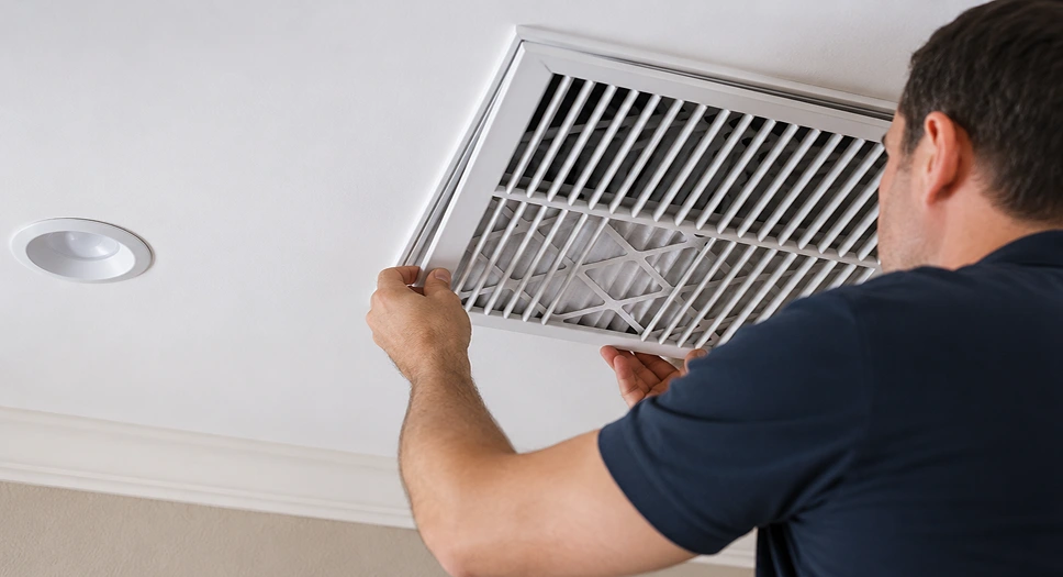 Technician inspecting a ceiling HVAC vent to improve airflow and indoor humidity control.