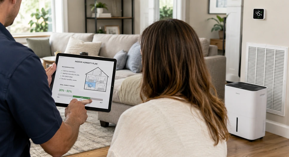 Home humidity consultation with a technician reviewing moisture control recommendations on a tablet.