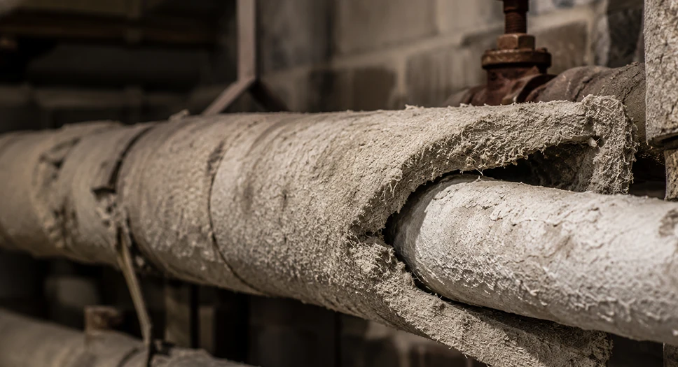 Old pipe insulation with damaged asbestos-like material in a basement.