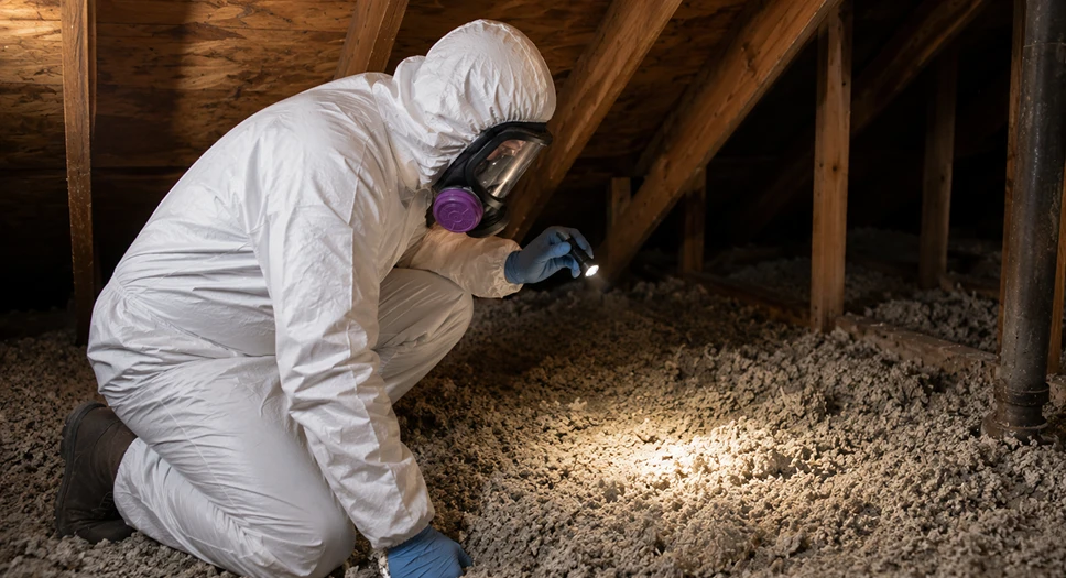 Inspector in protective gear checking loose attic insulation.