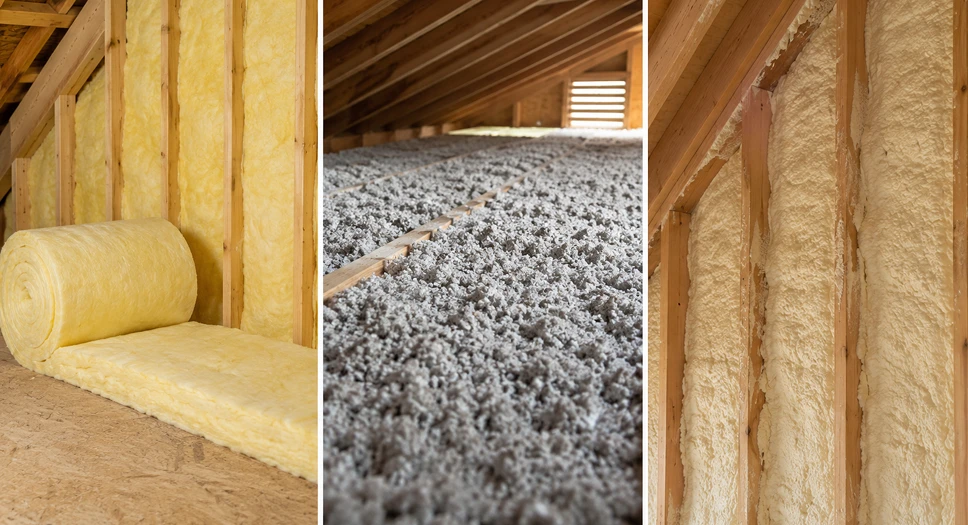 Split view of fiberglass, cellulose, and spray foam insulation alternatives.