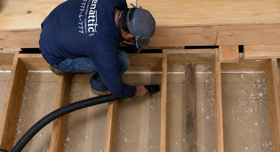 Technician vacuuming dust and debris between attic floor joists as part of a professional cleaning service.