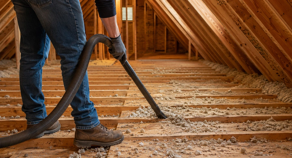 DIY attic cleaning in Chicago with a vacuum removing dust, debris, and old insulation from attic floor joists.