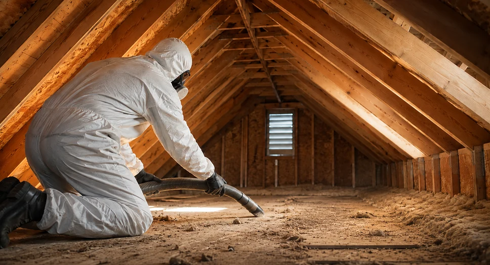 Professional attic cleaner in protective gear vacuuming a lightly dusty attic floor in Chicago.