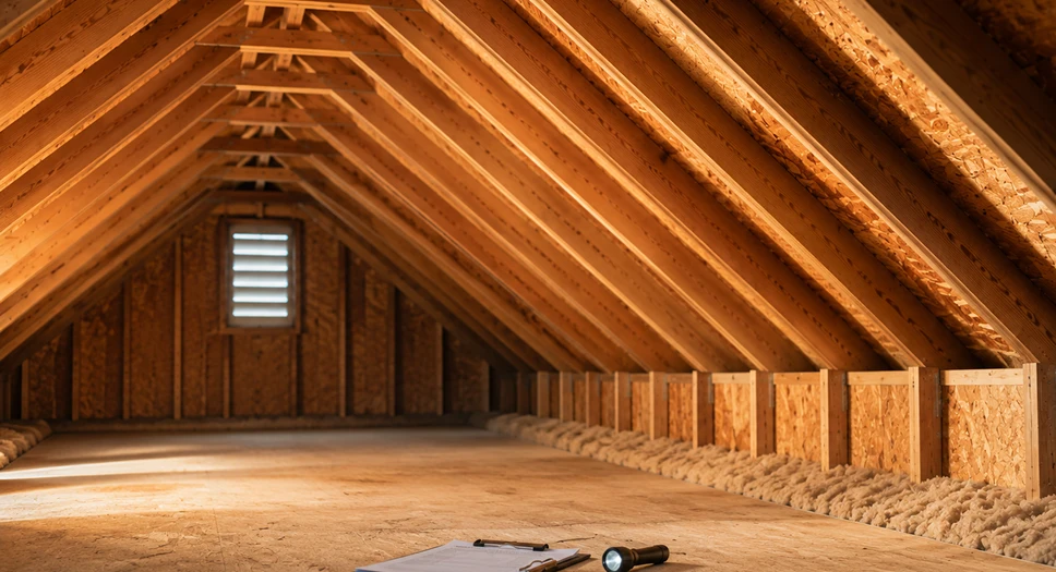 Clean attic after professional cleaning with a flashlight and checklist ready for maintenance inspection.