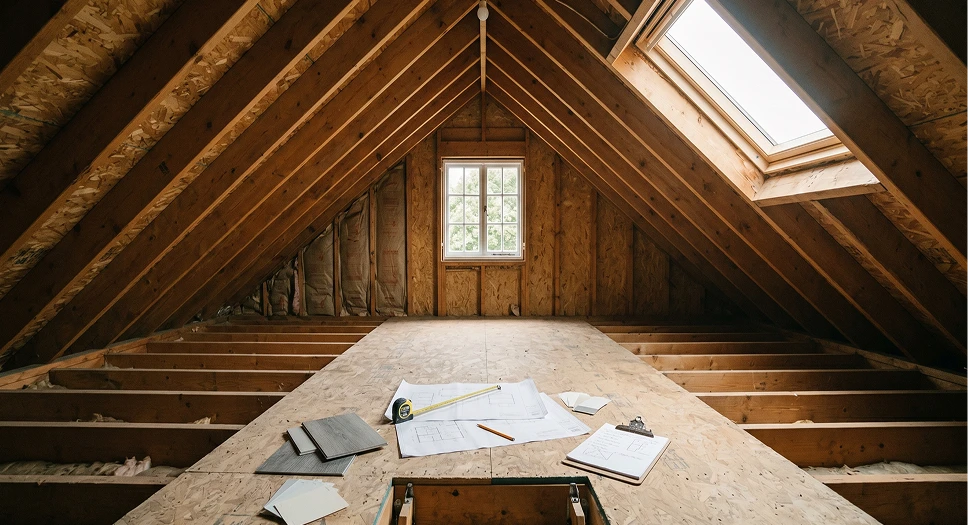 Unfinished attic being prepared for conversion with exposed framing, subfloor, and planning materials.
