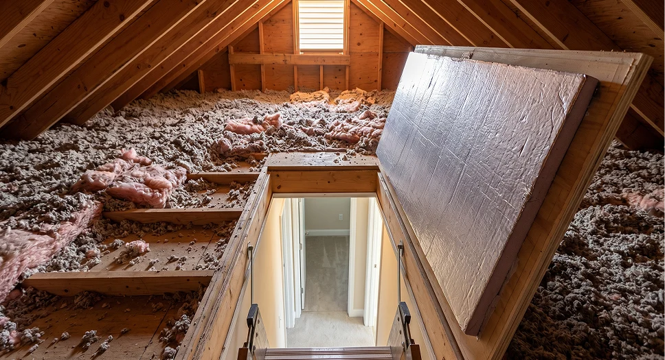 Attic hatch opening surrounded by loose-fill insulation with a rigid reflective insulated panel.