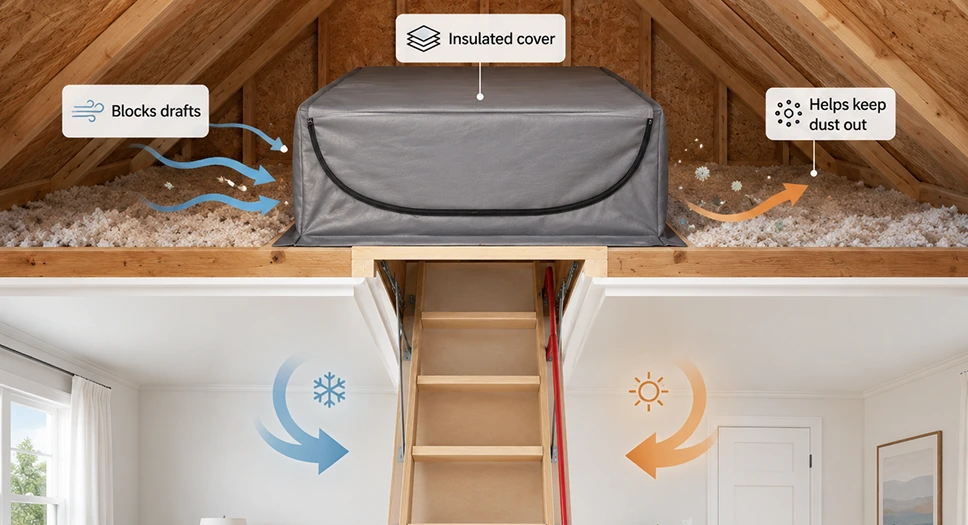 Attic tent cover installed above pull-down attic stairs to help reduce drafts and dust.