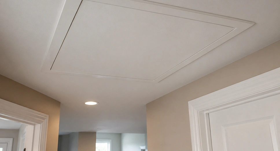 Closed attic access door in a finished hallway ceiling showing a clean, sealed attic hatch.