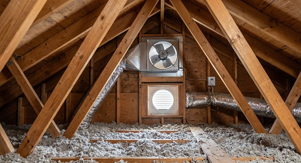 Residential attic fan mounted on a gable wall above blown-in insulation.