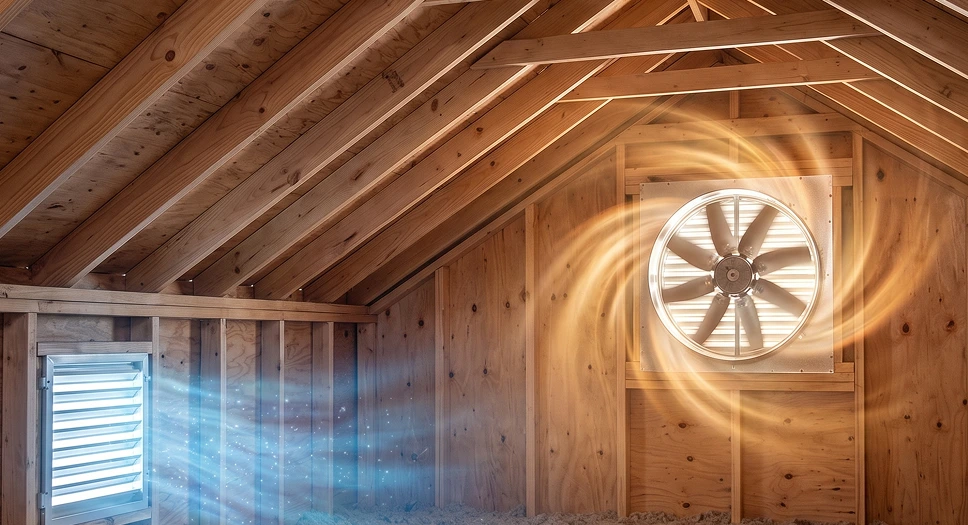 Attic fan moving warm air through an unfinished attic with visible airflow effect.