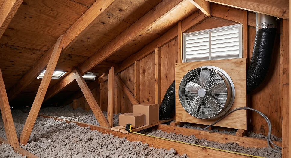 Attic fan installed near a gable vent inside a residential attic, illustrating attic fan sizing and airflow capacity.