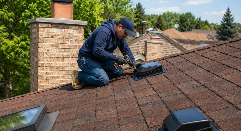 Roofer installing a black roof-mounted attic fan on an asphalt shingle roof.