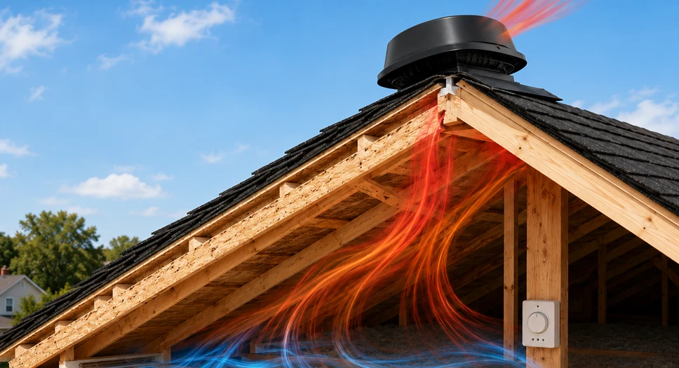 Roof-mounted attic fan exhausting warm attic air with airflow shown through roof framing.