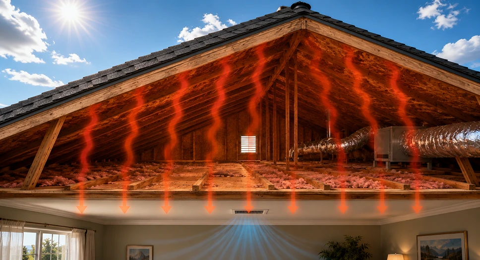 Hot attic air radiating through roof framing and forcing the home’s air conditioner to work harder.