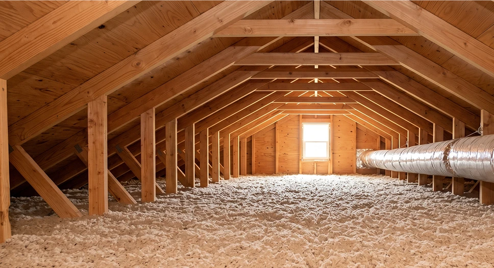 Clean attic with upgraded insulation and HVAC ductwork supporting better comfort and AC efficiency.