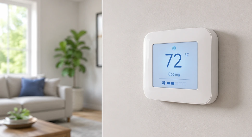 Smart thermostat set to cooling mode in a comfortable home, representing lower AC strain and energy savings.