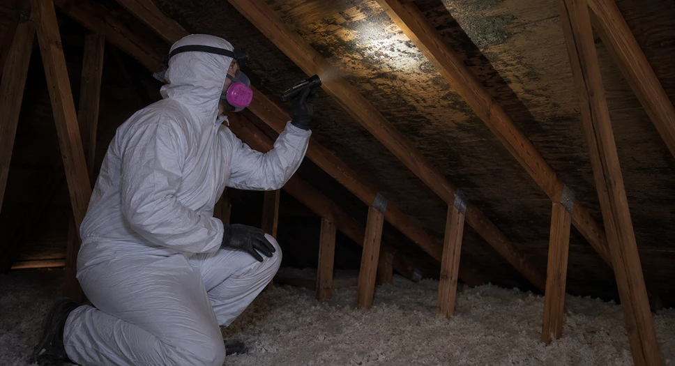 Attic inspector in protective suit using a flashlight to check roof sheathing for mold growth.
