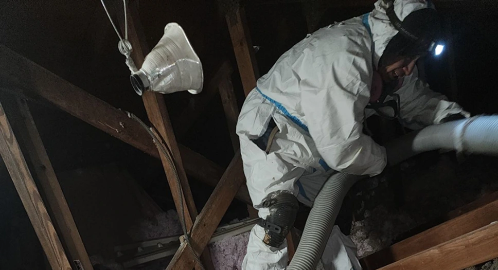 Insulation technician in protective gear using a hose while working inside an attic.